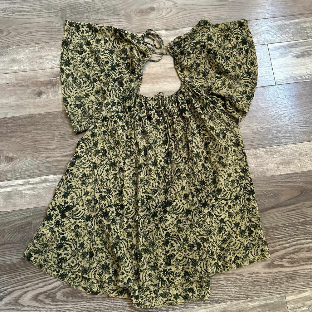 Free People Green Tunic Mini Dress Womens Floral Boho Flowy Cotton Size XS